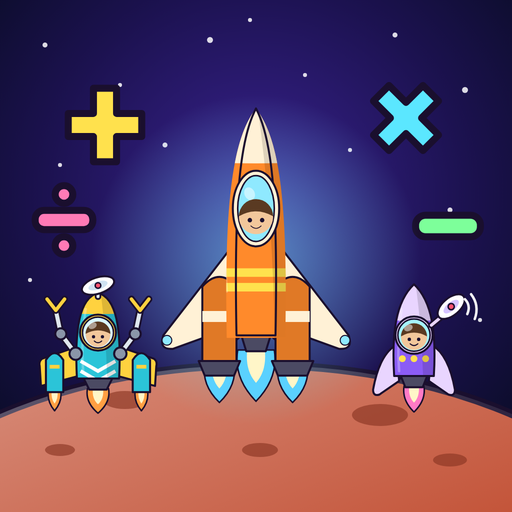 Three cadets in their spaceships, an orange rocket, a cyan twin-pod and a purple rocket, surrounded by maths symbols above Mars.